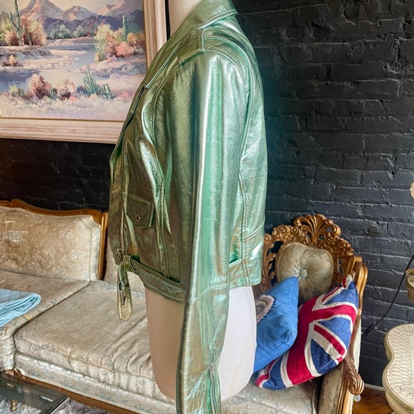 Veda Metallic Mint Green Cropped Leather Biker Jacket | New Without Tags - Picture 7 of 9